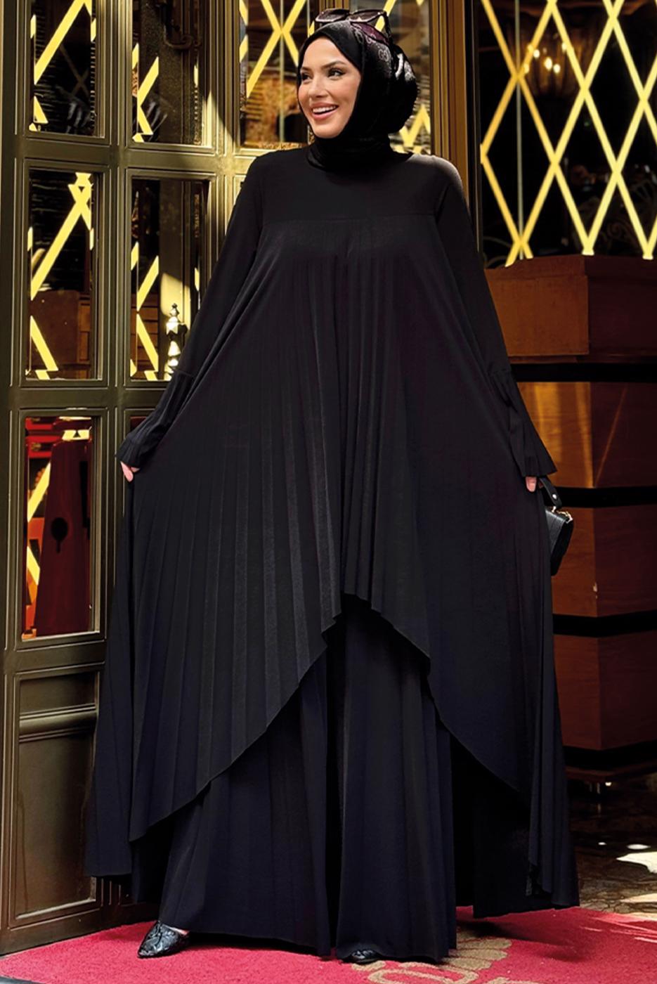 Tesettür giyim SİYAH PİLELİ PANTOLONLU TAKIM T 5758