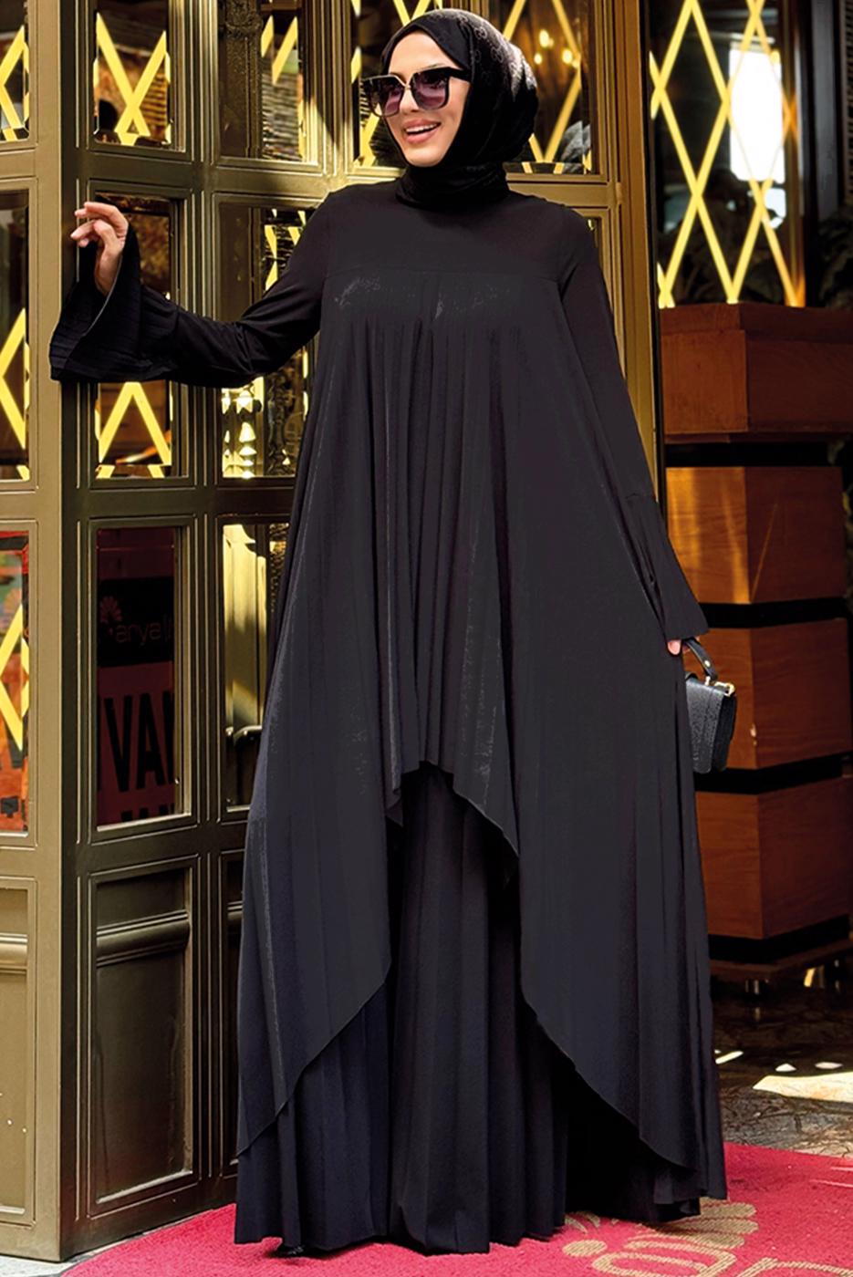 Tesettür giyim SİYAH PİLELİ PANTOLONLU TAKIM T 5758