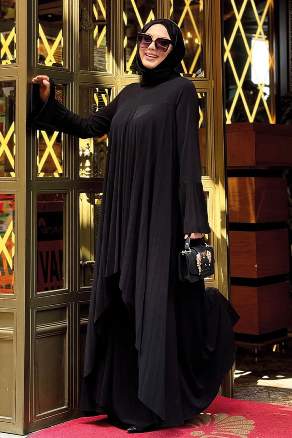 Tesettür giyim SİYAH PİLELİ PANTOLONLU TAKIM T 5758