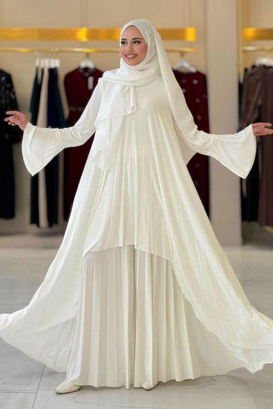 Tesettür giyim EKRU PİLELİ PANTOLONLU TAKIM T 5758