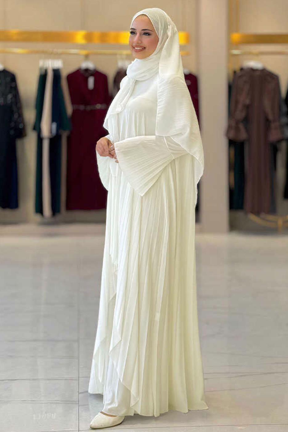 Tesettür giyim EKRU PİLELİ PANTOLONLU TAKIM T 5758