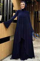 Tesettür giyim LACİVERT PİLELİ PANTOLONLU TAKIM T 5758