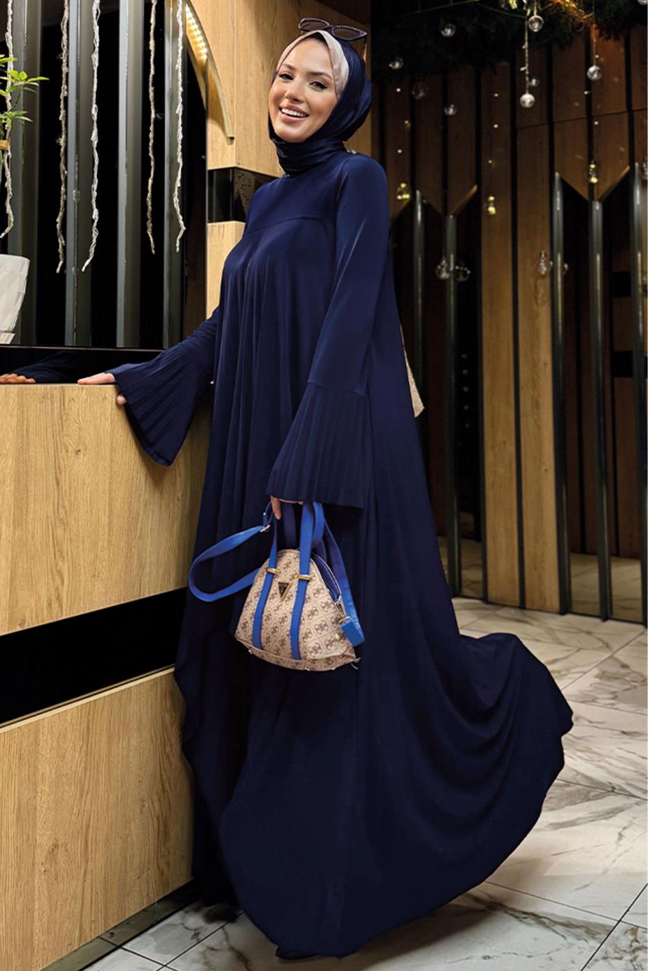 Tesettür giyim LACİVERT PİLELİ PANTOLONLU TAKIM T 5758