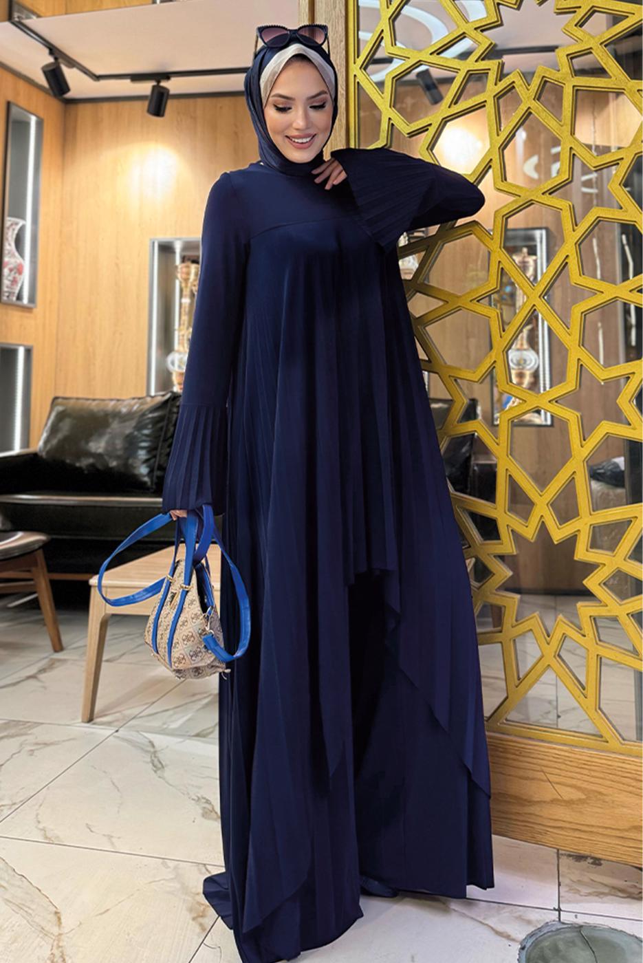 Tesettür giyim LACİVERT PİLELİ PANTOLONLU TAKIM T 5758