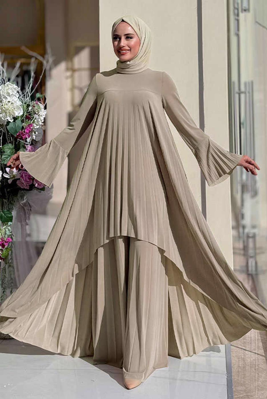 Tesettür giyim VİZON PİLELİ PANTOLONLU TAKIM T 5758