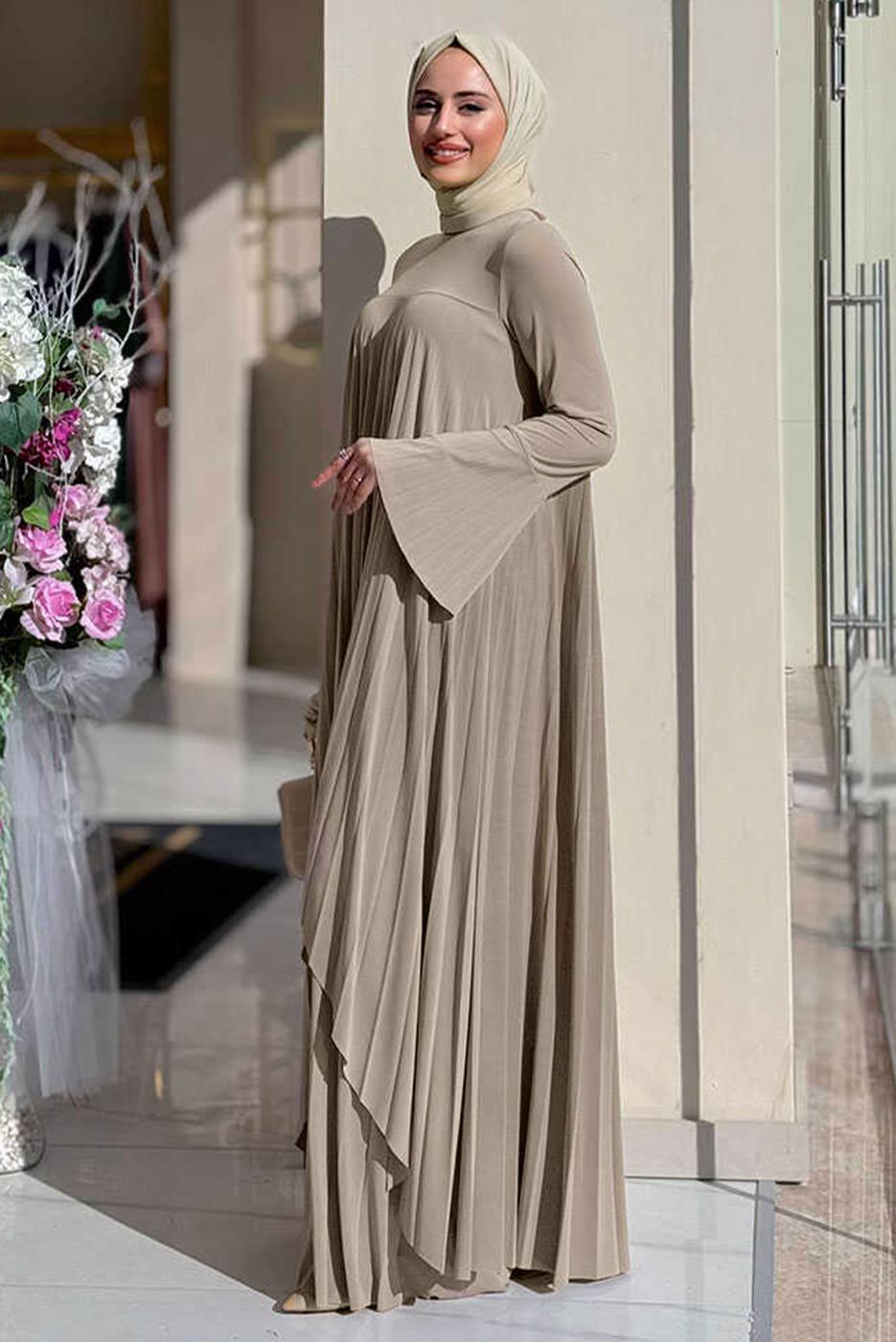 Tesettür giyim VİZON PİLELİ PANTOLONLU TAKIM T 5758