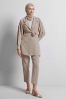 Tesettür giyim BEJ KUŞAKLI PANTOLONLU TAKIM T 5816