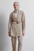 Tesettür giyim BEJ KUŞAKLI PANTOLONLU TAKIM T 5816