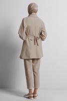 Tesettür giyim BEJ KUŞAKLI PANTOLONLU TAKIM T 5816