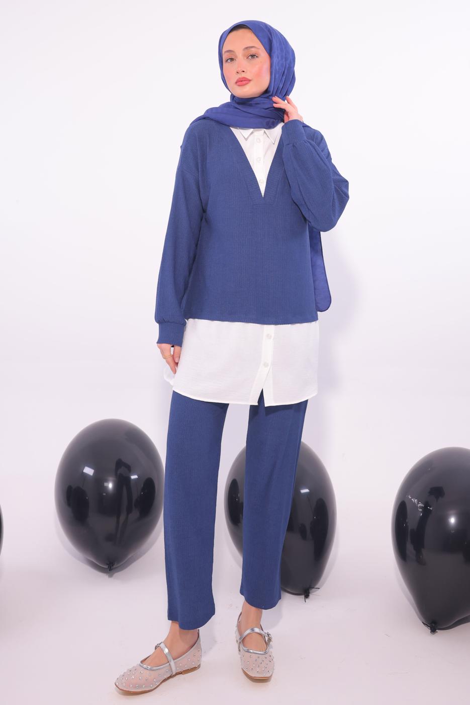 Tesettür giyim MAVİ GÖMLEK GARNİLİ PANTOLONLU TAKIM T 6174