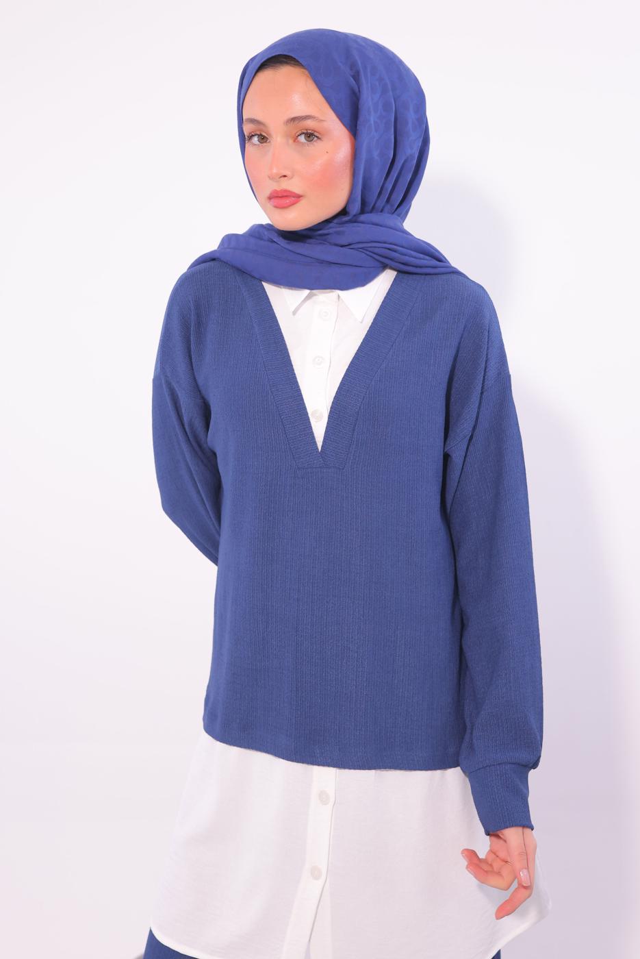 Tesettür giyim MAVİ GÖMLEK GARNİLİ PANTOLONLU TAKIM T 6174