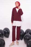 Tesettür giyim BORDO GÖMLEK GARNİLİ PANTOLONLU TAKIM T 6174