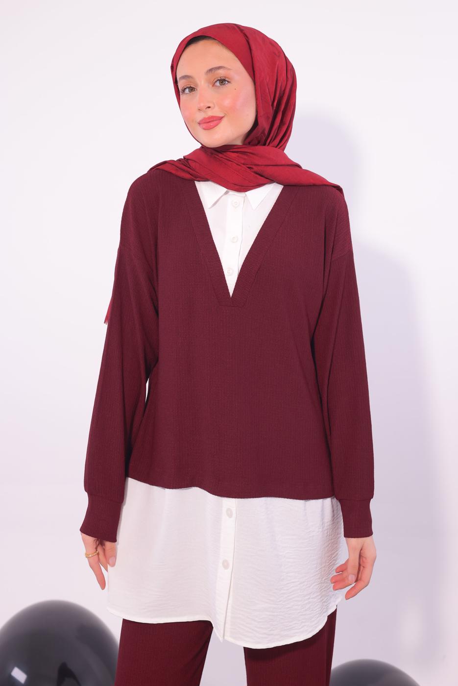 Tesettür giyim BORDO GÖMLEK GARNİLİ PANTOLONLU TAKIM T 6174