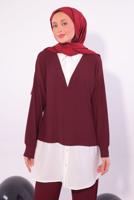 Tesettür giyim BORDO GÖMLEK GARNİLİ PANTOLONLU TAKIM T 6174