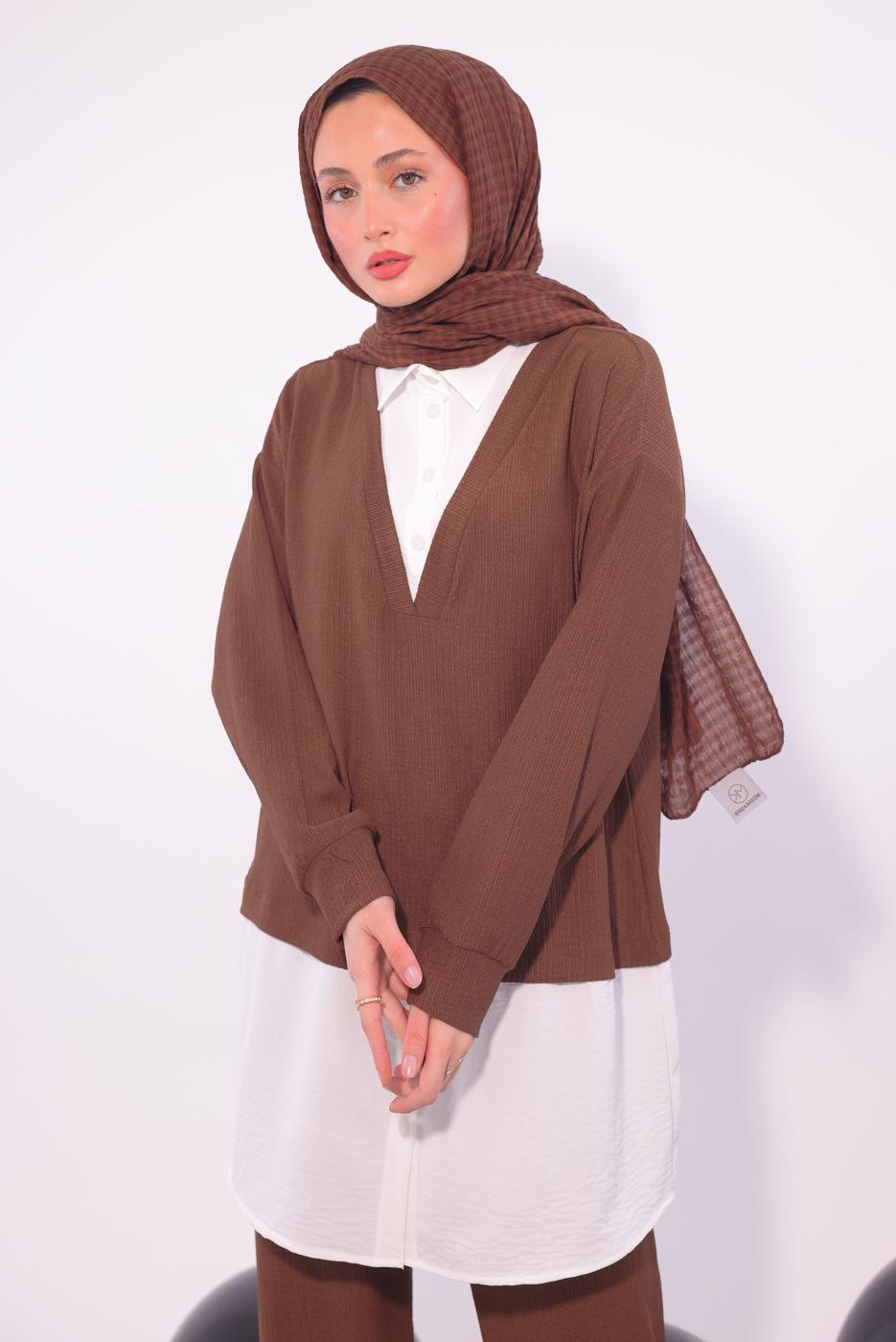 Vêtements hijab BRUN COSTUME PANTALON COL CHEMISE T 6174