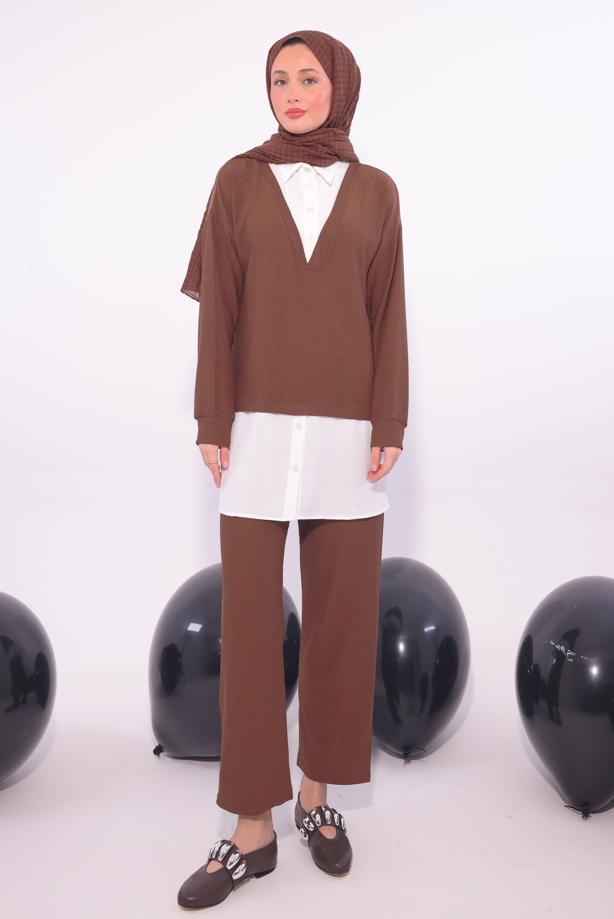 Vêtements hijab BRUN COSTUME PANTALON COL CHEMISE T 6174 - TRENDTESETTÜR