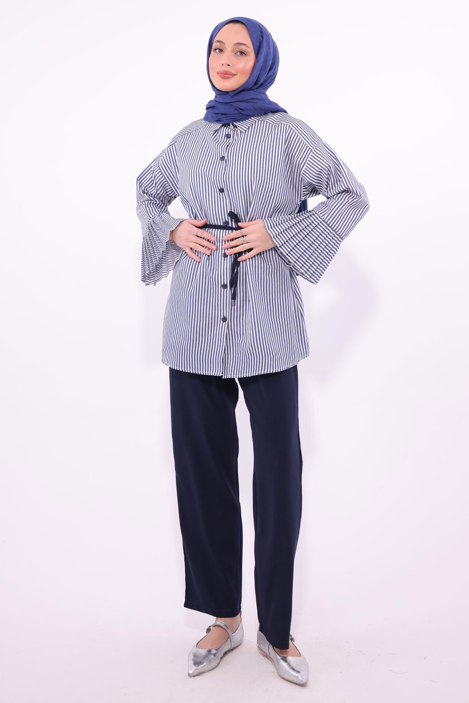 Tesettür giyim LACİVERT ÇİZGİLİ PANTOLONLU TAKIM T 6284