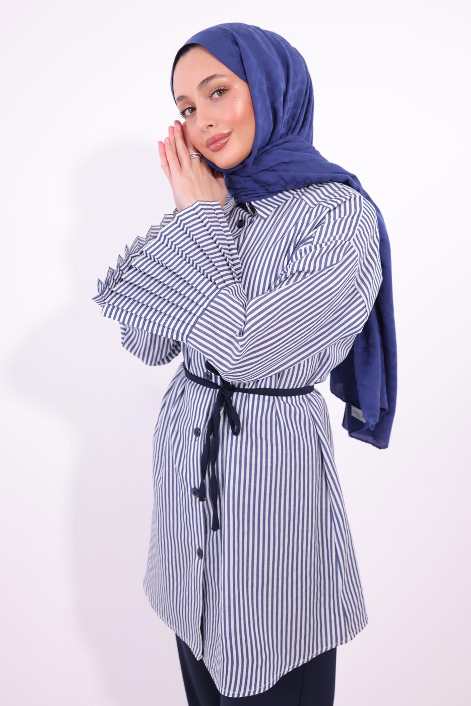 Tesettür giyim LACİVERT ÇİZGİLİ PANTOLONLU TAKIM T 6284