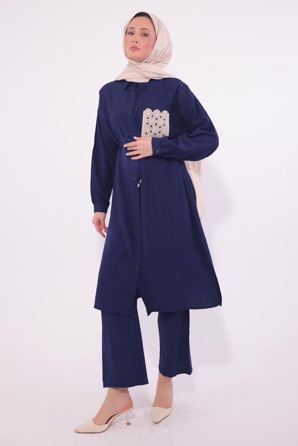 Vêtements hijab BLEU MARINE COSTUME PANTALON BRODÉ T 6374 - TRENDTESETTÜR