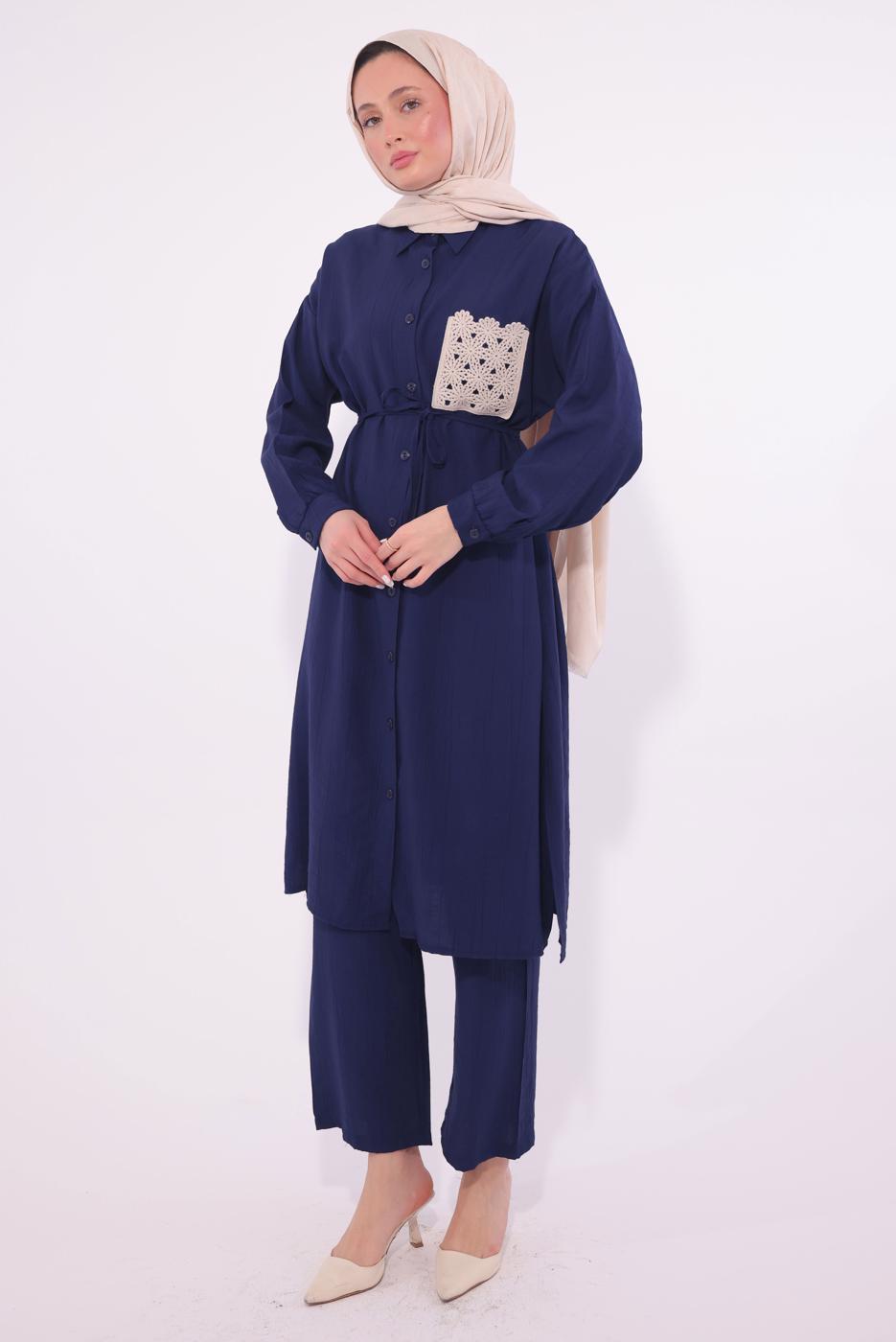 Hijab clothing NAVY BLUE EMBROIDERED PANTS SUIT T 6374