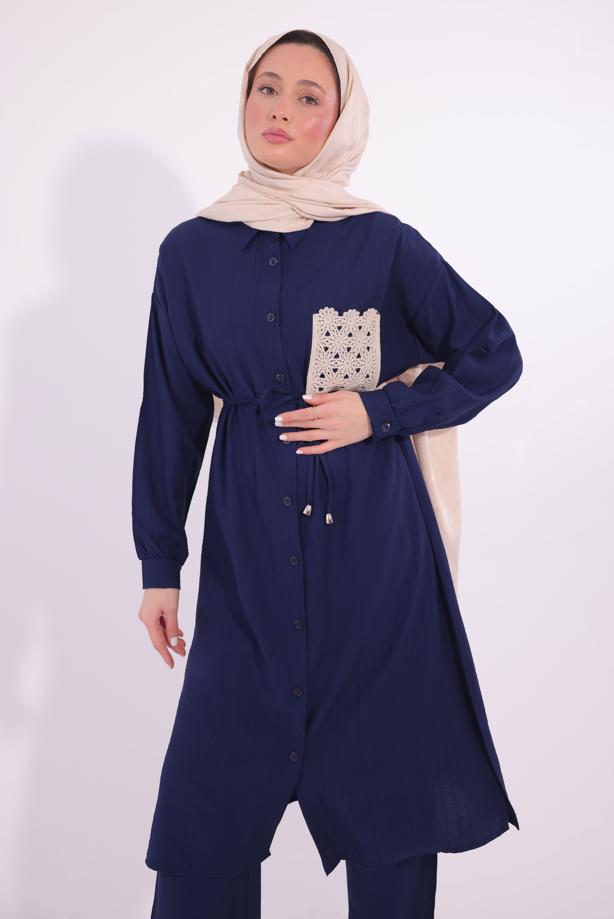 Vêtements hijab BLEU MARINE COSTUME PANTALON BRODÉ T 6374 - TRENDTESETTÜR