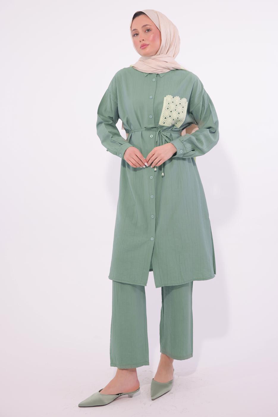 Tesettür giyim YEŞİL NAKIŞ DETAYLI PANTOLONLU TAKIM T 6374