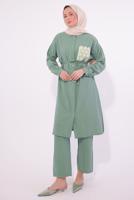 Tesettür giyim YEŞİL NAKIŞ DETAYLI PANTOLONLU TAKIM T 6374