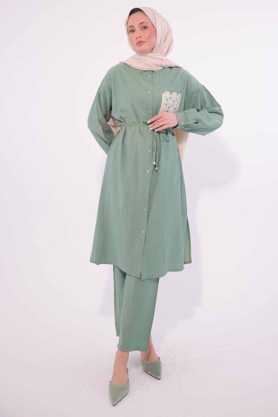 Tesettür giyim YEŞİL NAKIŞ DETAYLI PANTOLONLU TAKIM T 6374