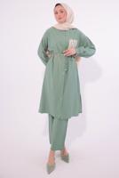 Tesettür giyim YEŞİL NAKIŞ DETAYLI PANTOLONLU TAKIM T 6374