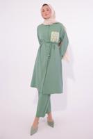 Tesettür giyim YEŞİL NAKIŞ DETAYLI PANTOLONLU TAKIM T 6374