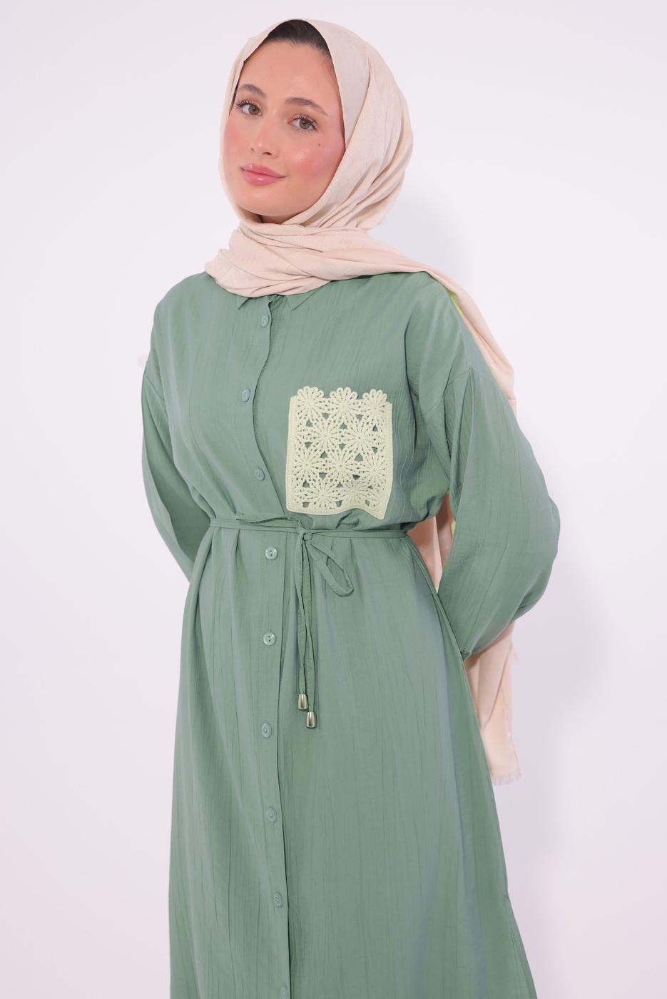 Tesettür giyim YEŞİL NAKIŞ DETAYLI PANTOLONLU TAKIM T 6374