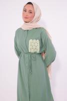 Tesettür giyim YEŞİL NAKIŞ DETAYLI PANTOLONLU TAKIM T 6374