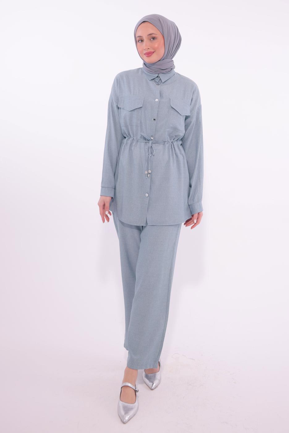 Tesettür giyim MAVİ GÖMLEK YAKA PANTOLONLU TAKIM T 6574