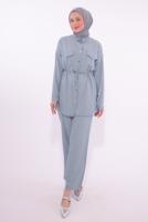 Tesettür giyim MAVİ GÖMLEK YAKA PANTOLONLU TAKIM T 6574
