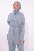 Tesettür giyim MAVİ GÖMLEK YAKA PANTOLONLU TAKIM T 6574