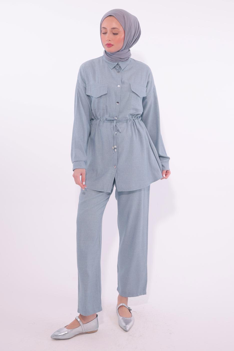 Tesettür giyim MAVİ GÖMLEK YAKA PANTOLONLU TAKIM T 6574