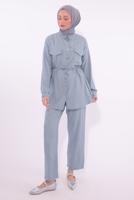 Tesettür giyim MAVİ GÖMLEK YAKA PANTOLONLU TAKIM T 6574