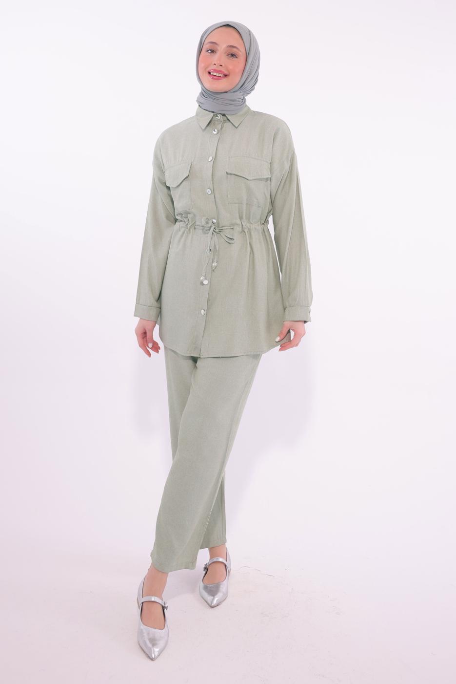 Tesettür giyim YEŞİL GÖMLEK YAKA PANTOLONLU TAKIM T 6574