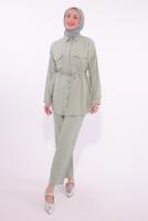 Tesettür giyim YEŞİL GÖMLEK YAKA PANTOLONLU TAKIM T 6574