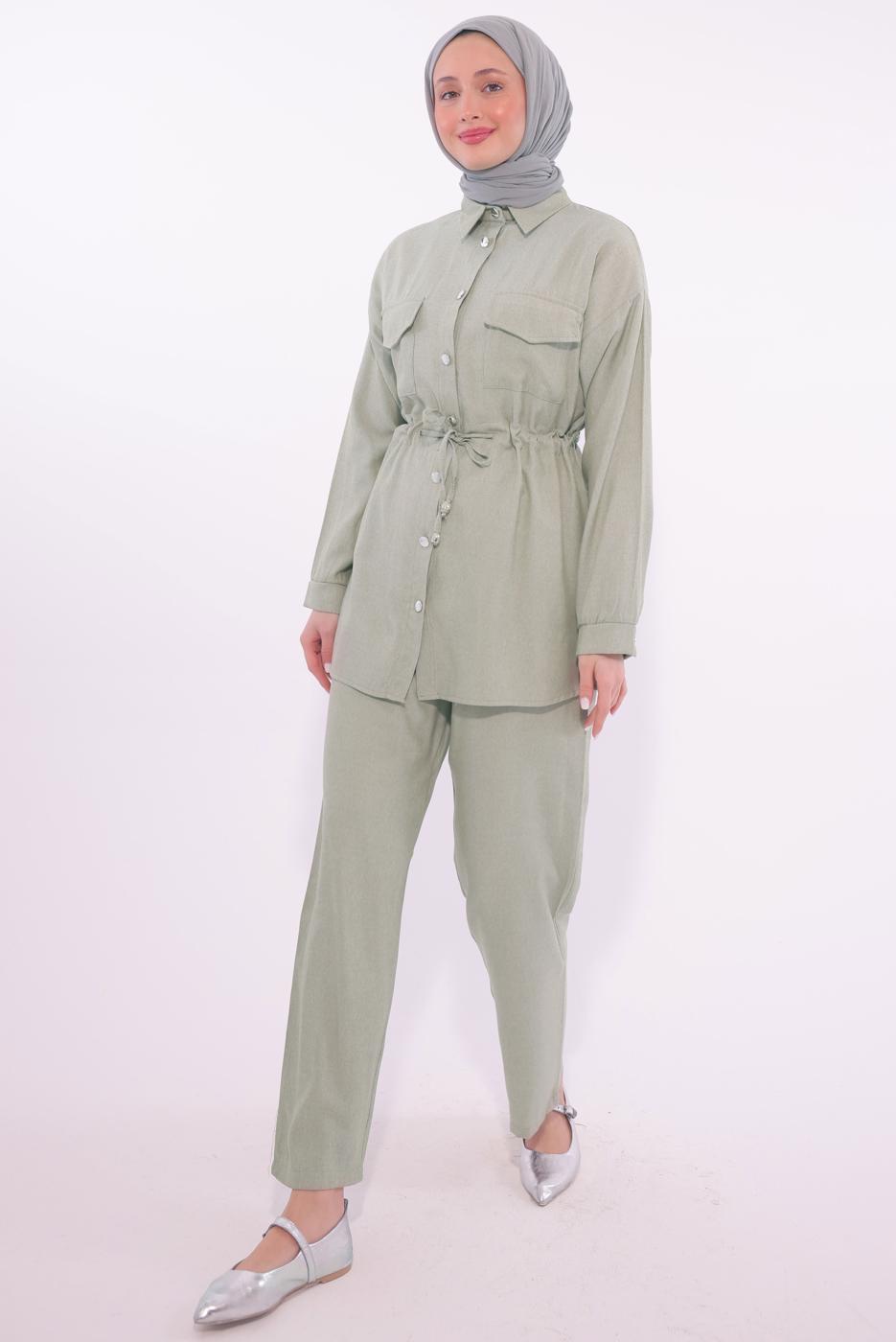 Tesettür giyim YEŞİL GÖMLEK YAKA PANTOLONLU TAKIM T 6574