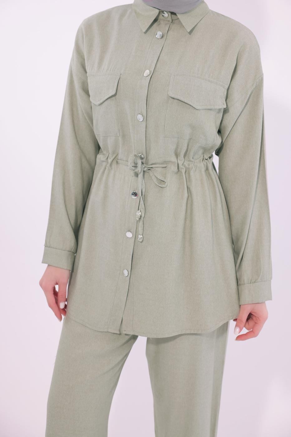 Tesettür giyim YEŞİL GÖMLEK YAKA PANTOLONLU TAKIM T 6574