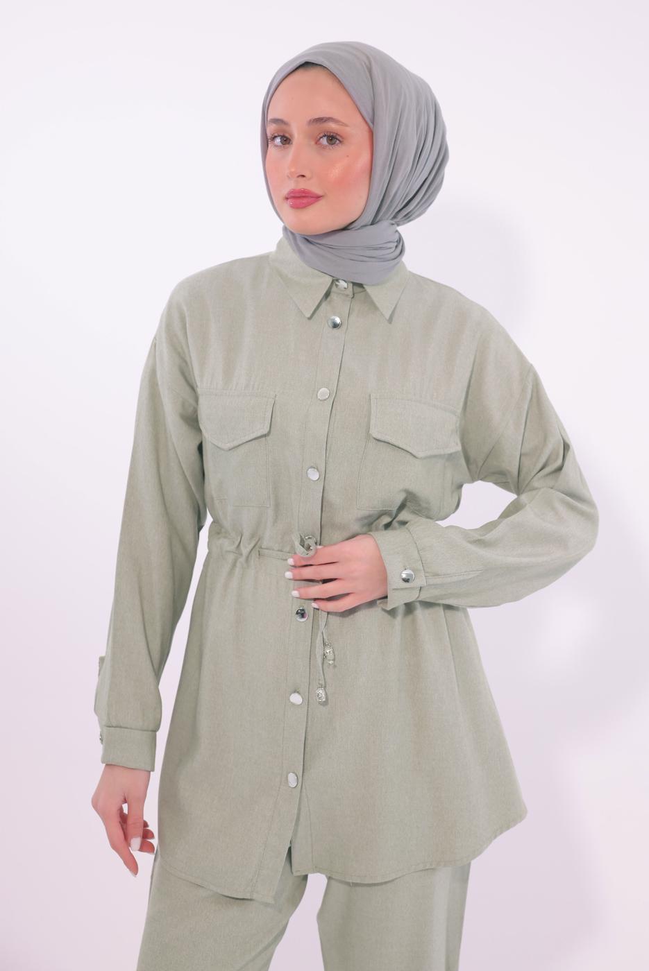 Tesettür giyim YEŞİL GÖMLEK YAKA PANTOLONLU TAKIM T 6574