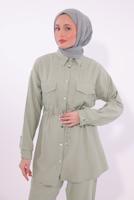 Tesettür giyim YEŞİL GÖMLEK YAKA PANTOLONLU TAKIM T 6574