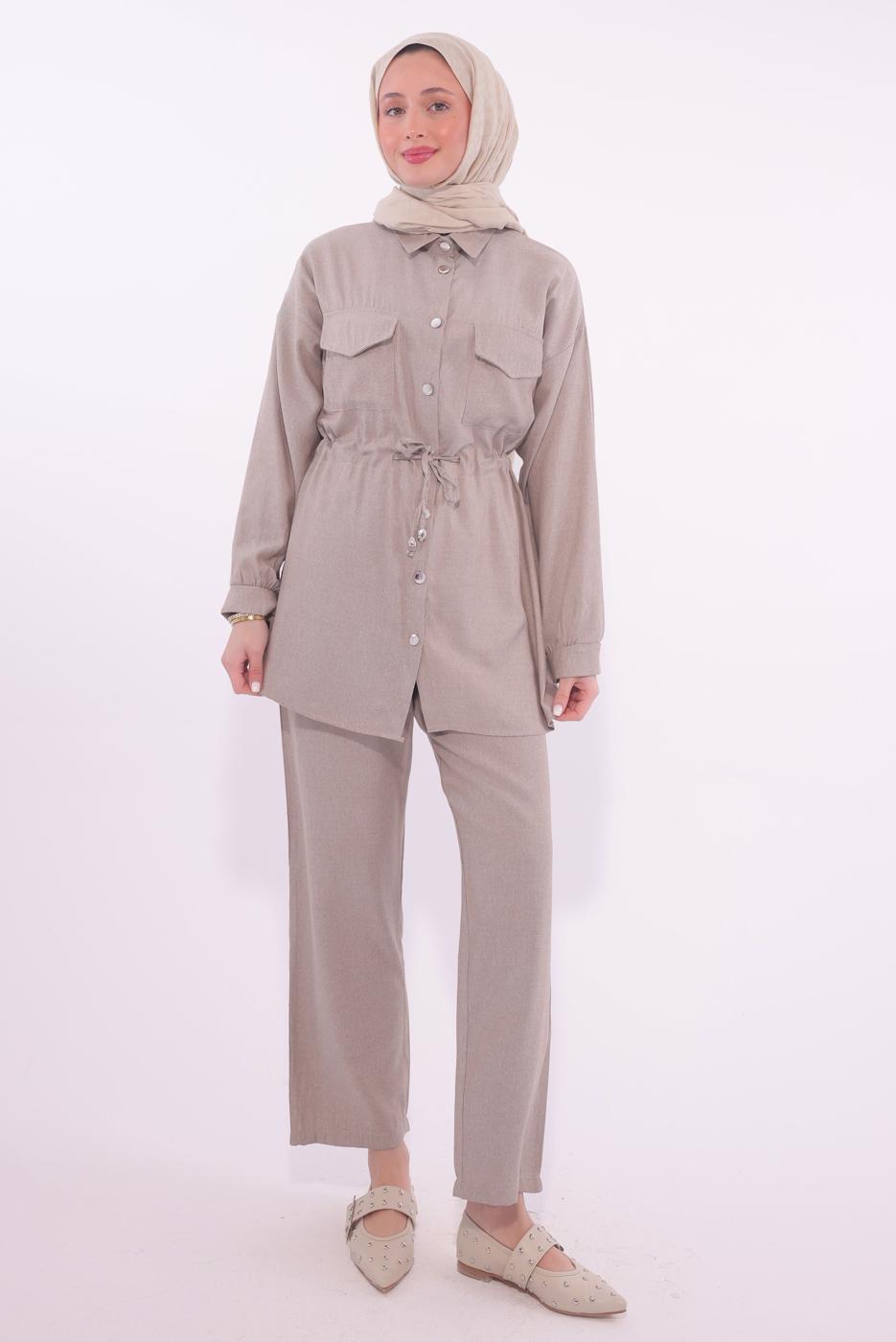Tesettür giyim BEJ GÖMLEK YAKA PANTOLONLU TAKIM T 6574