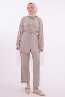 Tesettür giyim BEJ GÖMLEK YAKA PANTOLONLU TAKIM T 6574