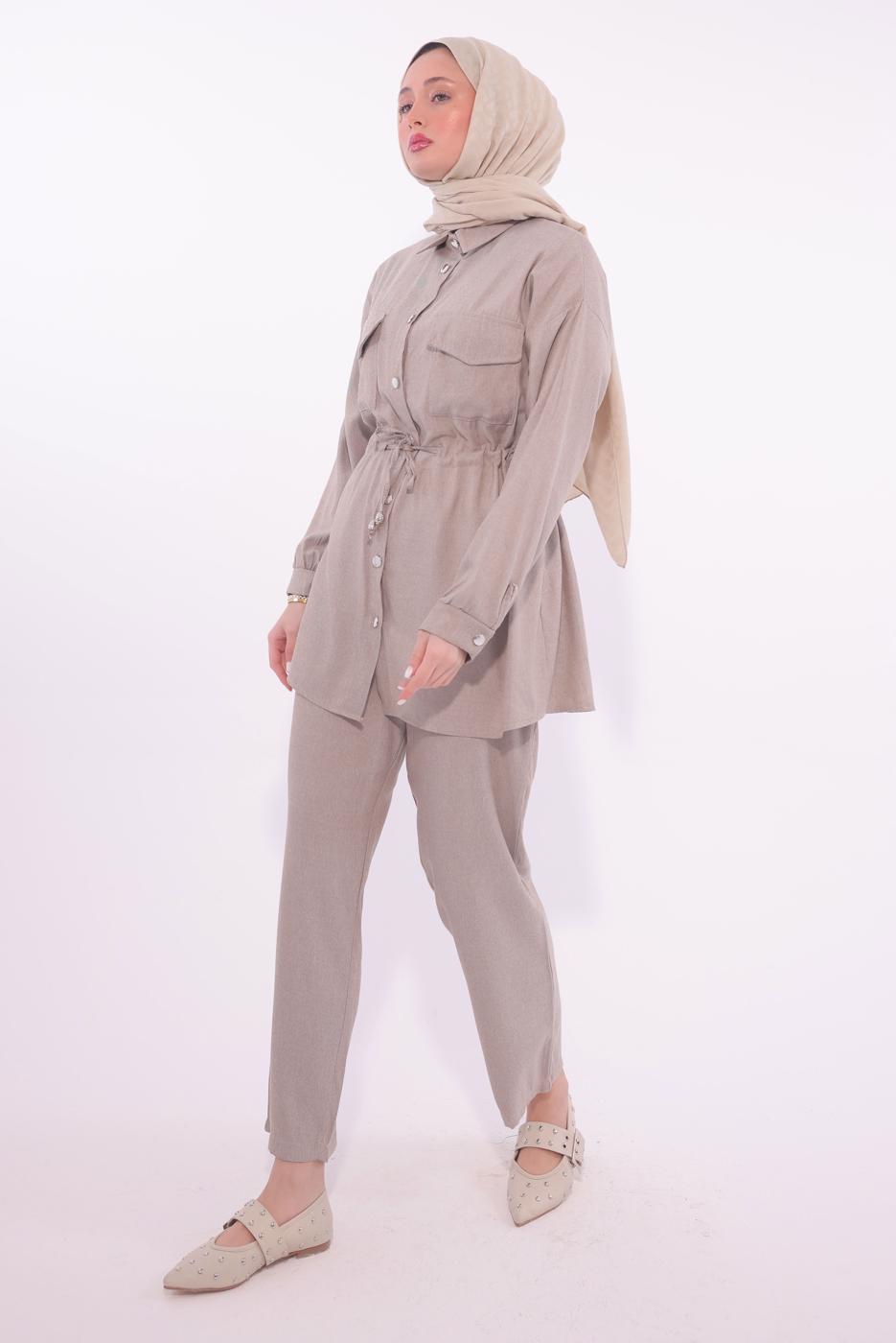 Tesettür giyim BEJ GÖMLEK YAKA PANTOLONLU TAKIM T 6574