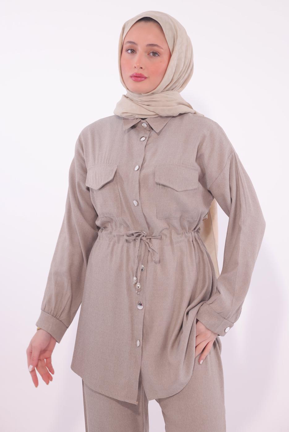 Tesettür giyim BEJ GÖMLEK YAKA PANTOLONLU TAKIM T 6574