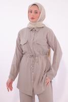 Tesettür giyim BEJ GÖMLEK YAKA PANTOLONLU TAKIM T 6574