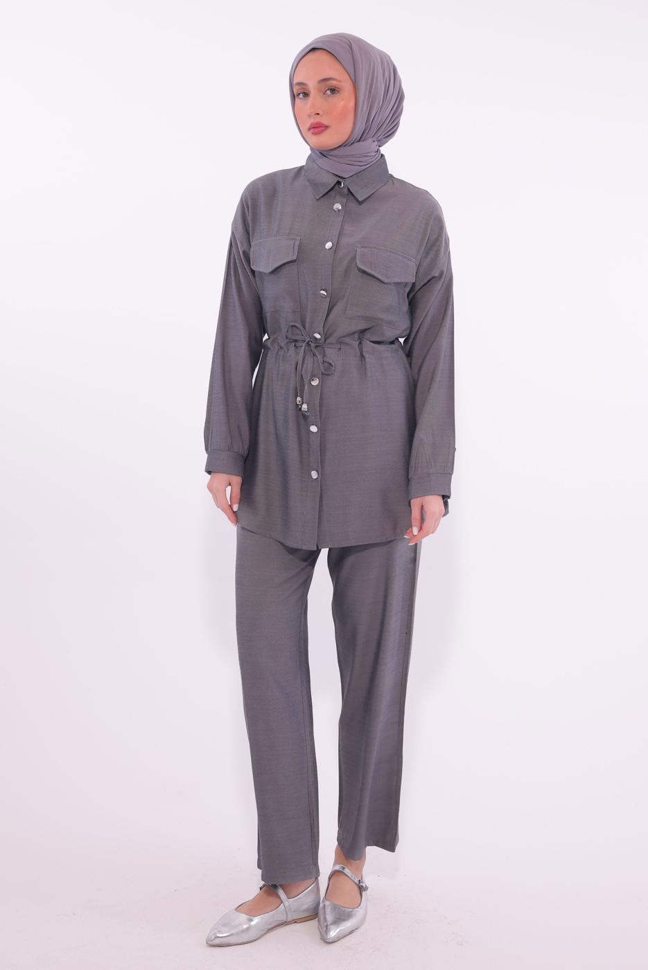Tesettür giyim GRİ GÖMLEK YAKA PANTOLONLU TAKIM T 6574