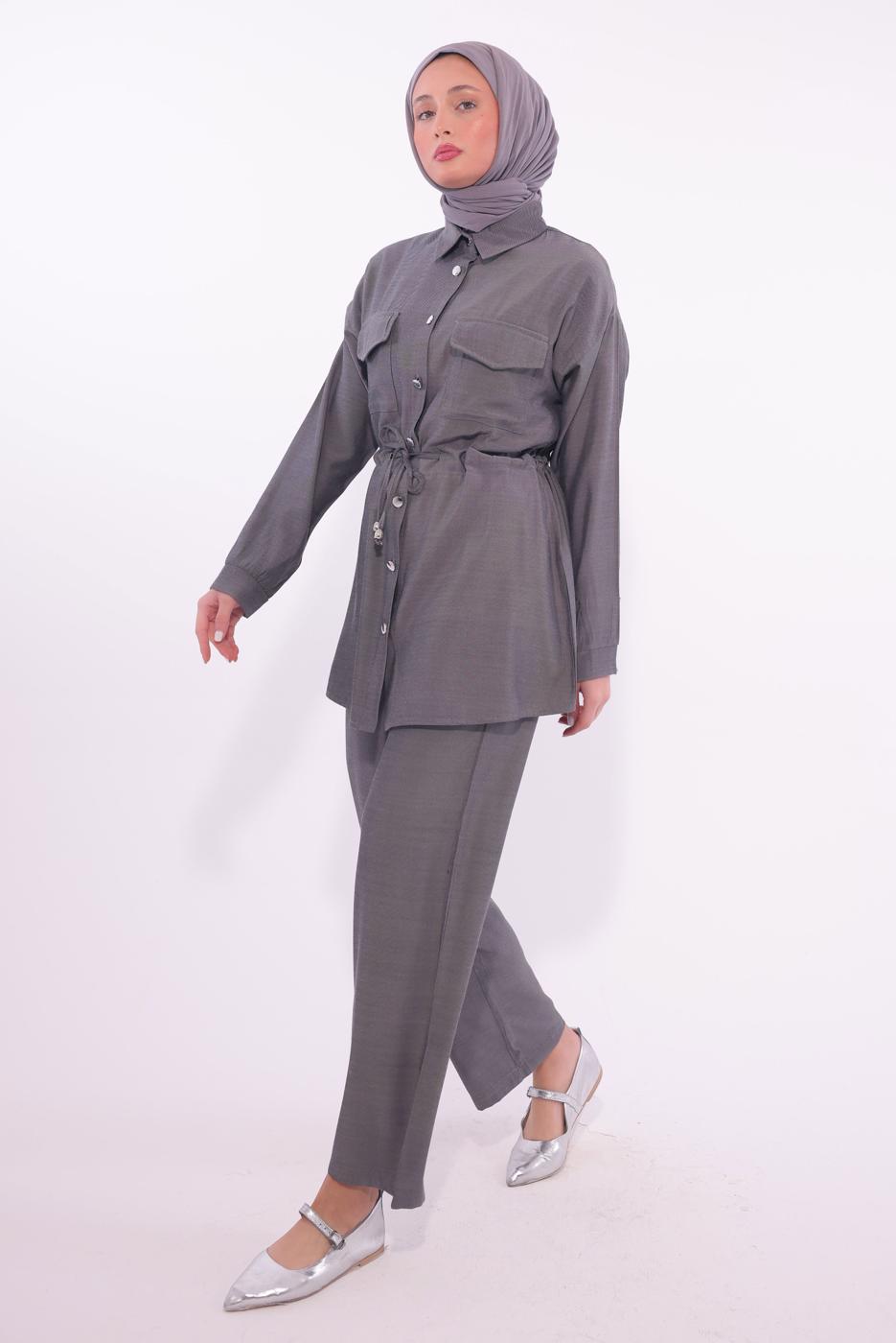 Tesettür giyim GRİ GÖMLEK YAKA PANTOLONLU TAKIM T 6574